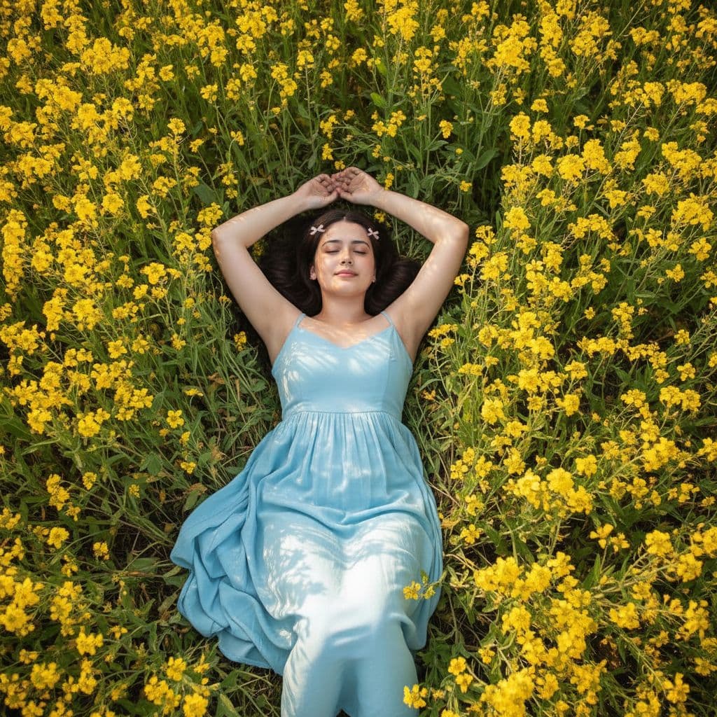 AI generated: A woman, viewed from above, sleeps peacefully with her arms above her head in the field of yellow fl...