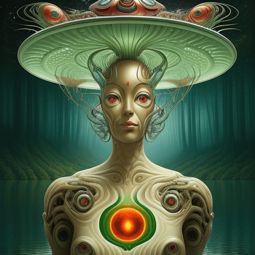 AI generated: Encapsulation Octavio Ocampo: cyborg bio-mechanical UFO in the year of 2099, lake in middle if fores...