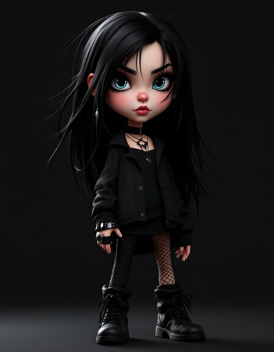 AI generated: Super Goth Girl,  black hair style, realistic caricature 3d cartoon render chibi 