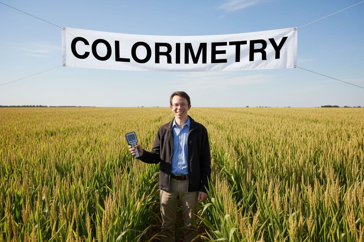 AI generated: chemistry professor in a giant field of crops with a colorimeter in his hand, have a giant banner ab...