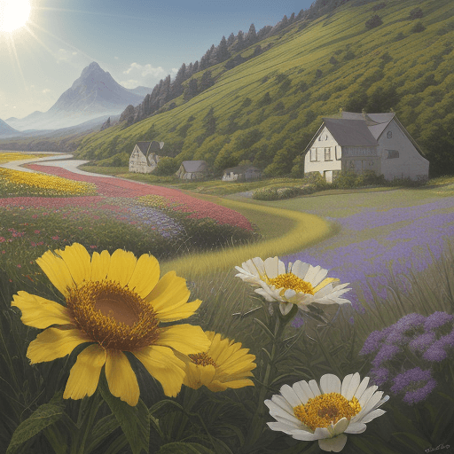 AI generated: photorealistik, details, ladybird, landscape, heaven, sun, flowers margurite wih bee  