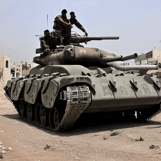 AI generated: a_punksteam_futuristic_military_tank_in_a_backstreet Palestine Gaza, Carrying the flag of Palestine