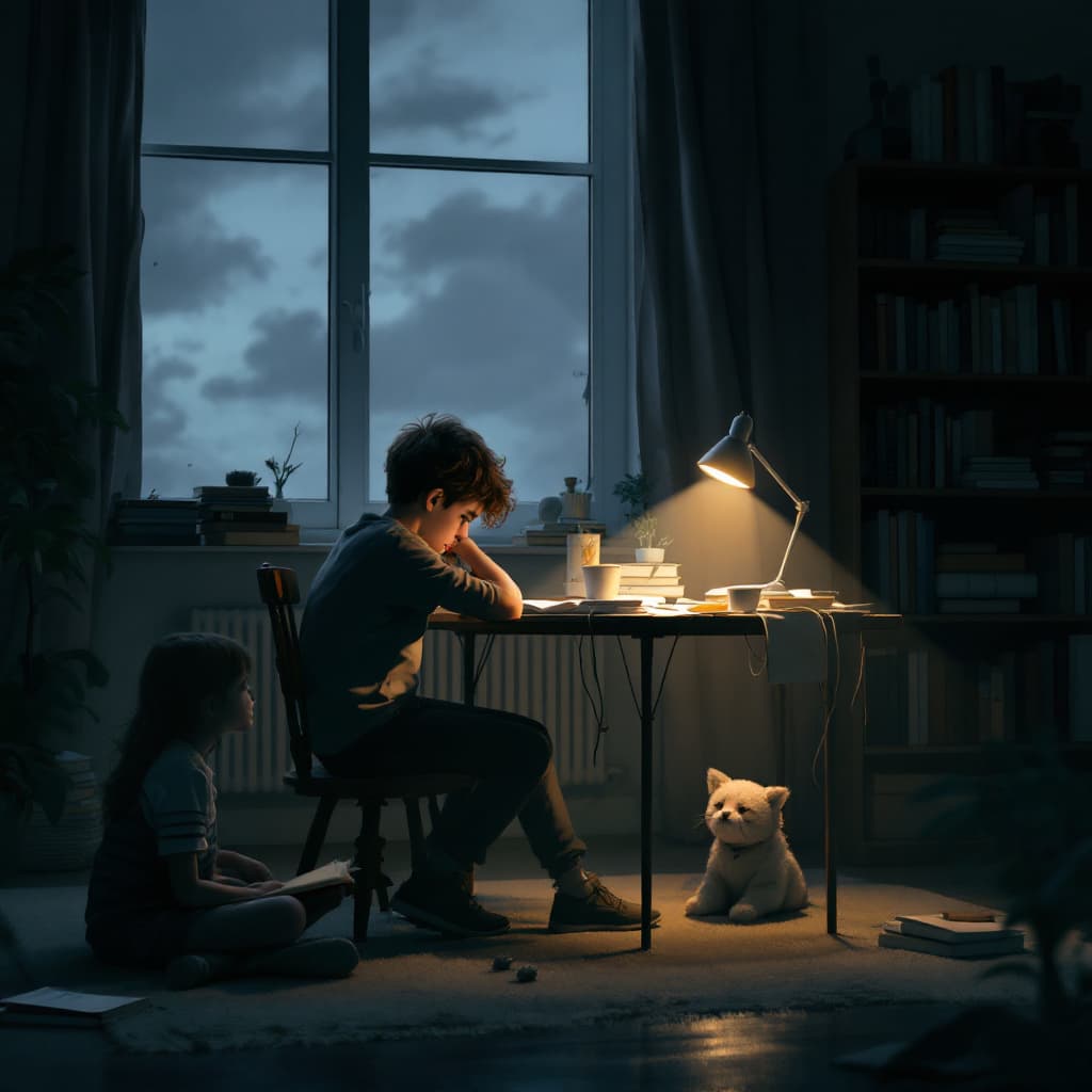 AI generated: A young boy sitting alone at a study desk, with books, notebooks, and a laptop scattered around. He ...
