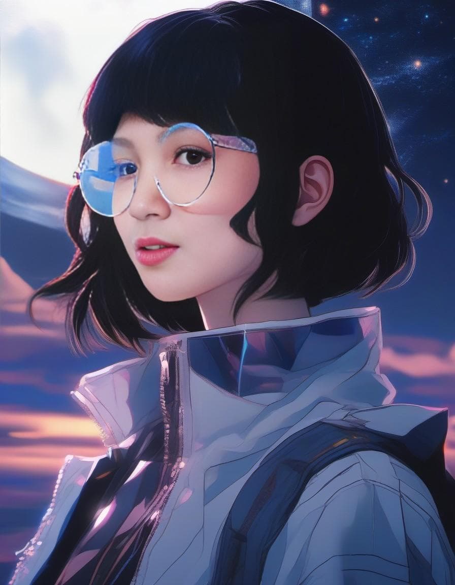 AI generated: portrait of lofi goth girl wearing (reflective glasses:1.2) staring into the universe, Universe refl...
