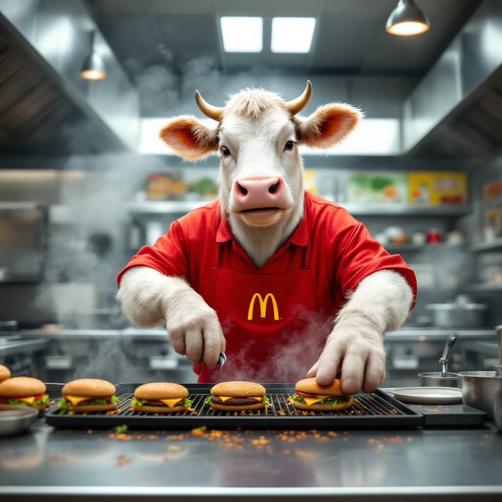 AI generated: A highly detailed, hyper-realistic, and lifelike scene featuring an anthropomorphic cow wearing a Mc...