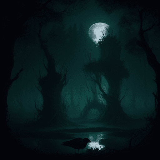 AI generated: Looking through a dark forest of dead trees protruding from a bubbling swamp, a large bird nest, wit...
