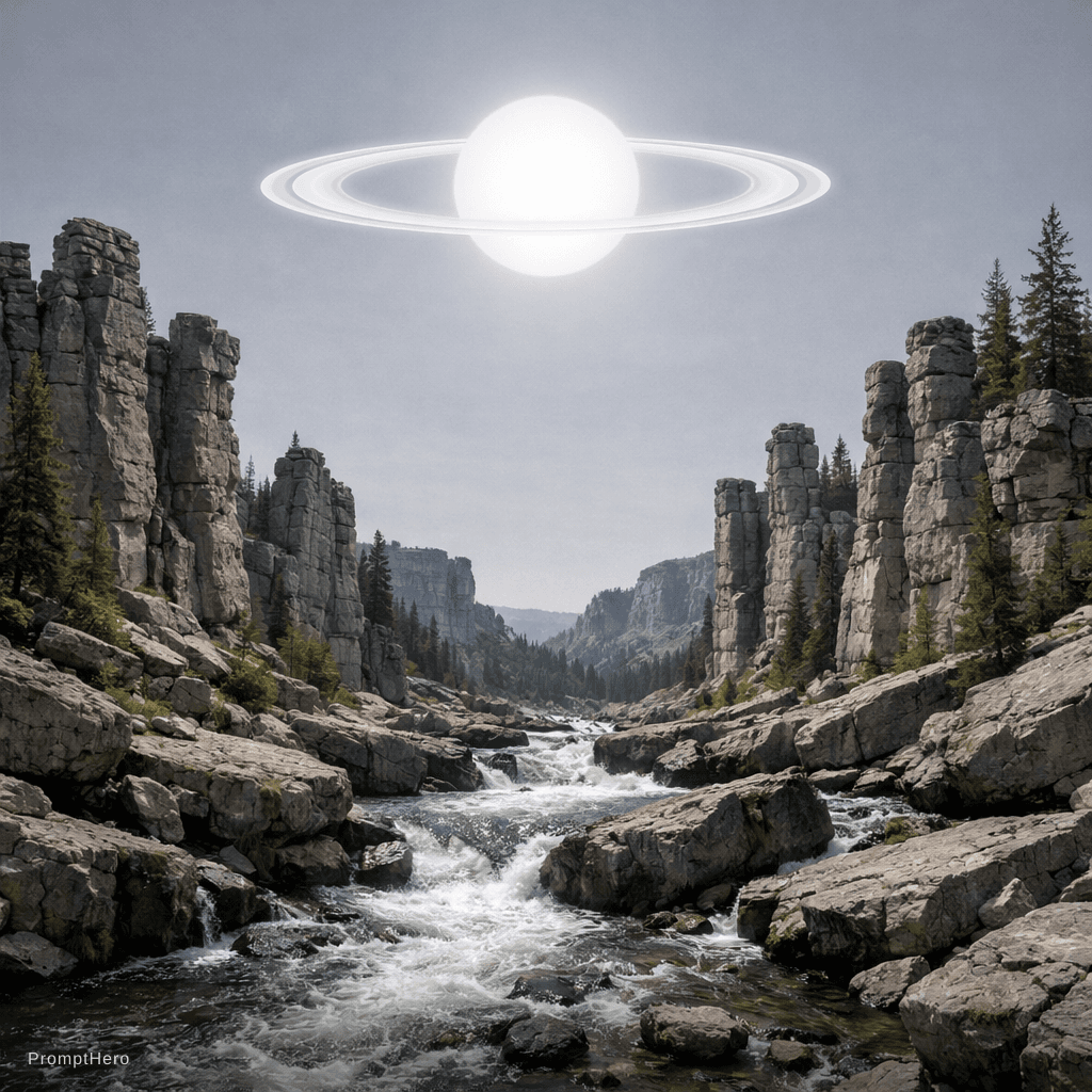 AI generated: a scenic landscape of pillared rocks and river running through them but the sky has a more grey colo...