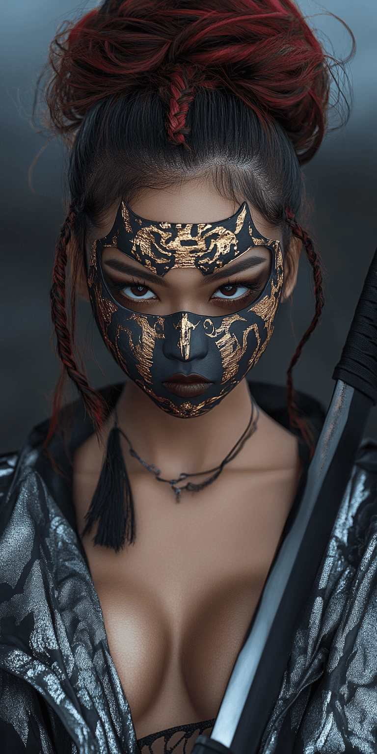 AI generated: A fierce warrior woman with striking, intense eyes, wearing an elaborate black and gold mask adorned...