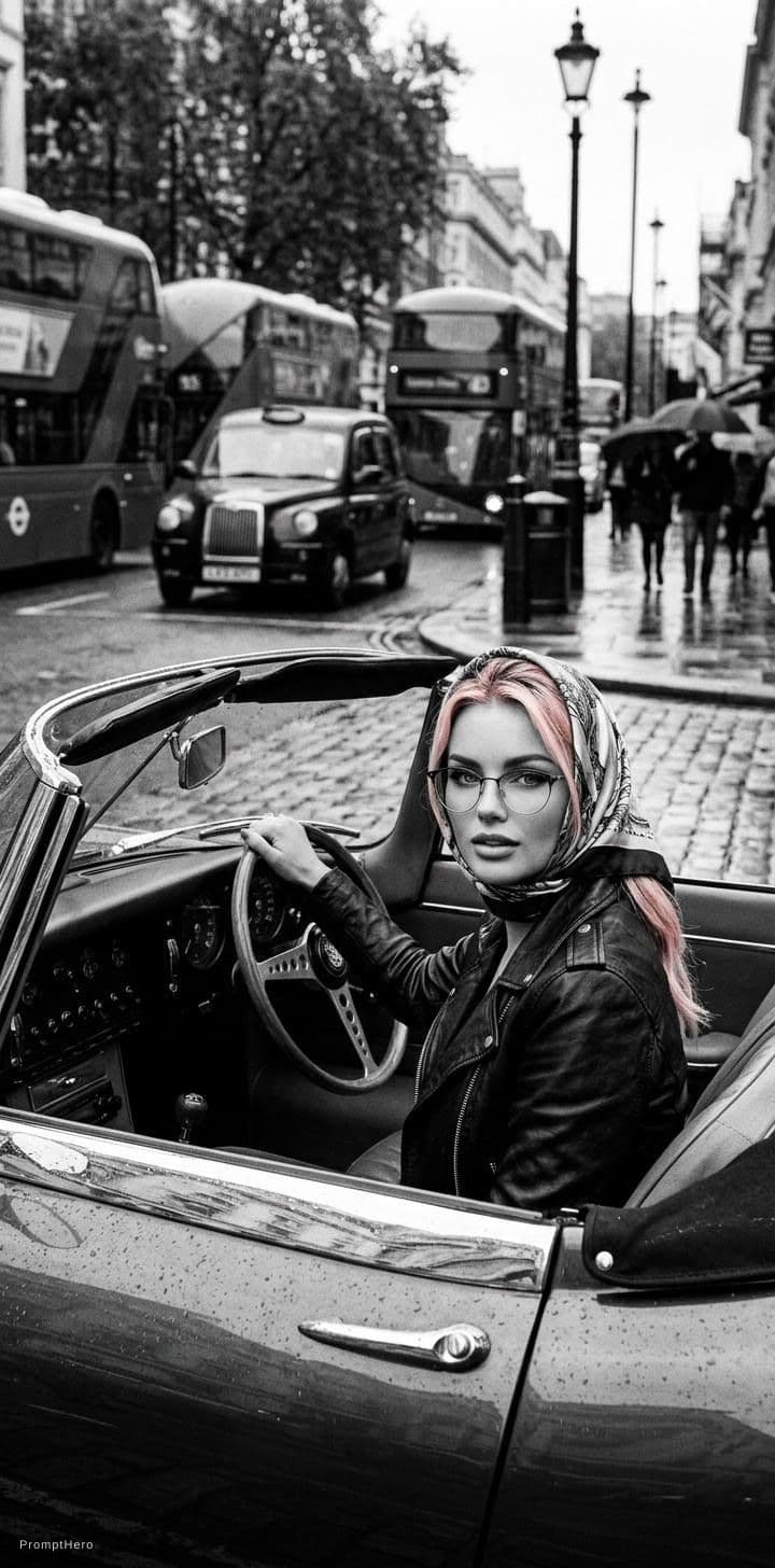 AI generated: Black and white street photography of an attractive woman in leather jacket with headscarf sitting i...