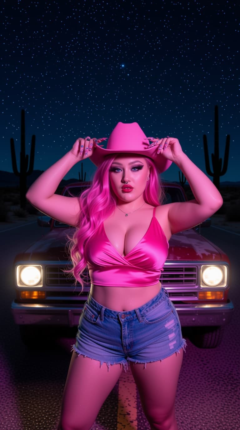 AI generated: Without changing facial features Create a hyper-realistic nighttime desert photo of a woman, she has...