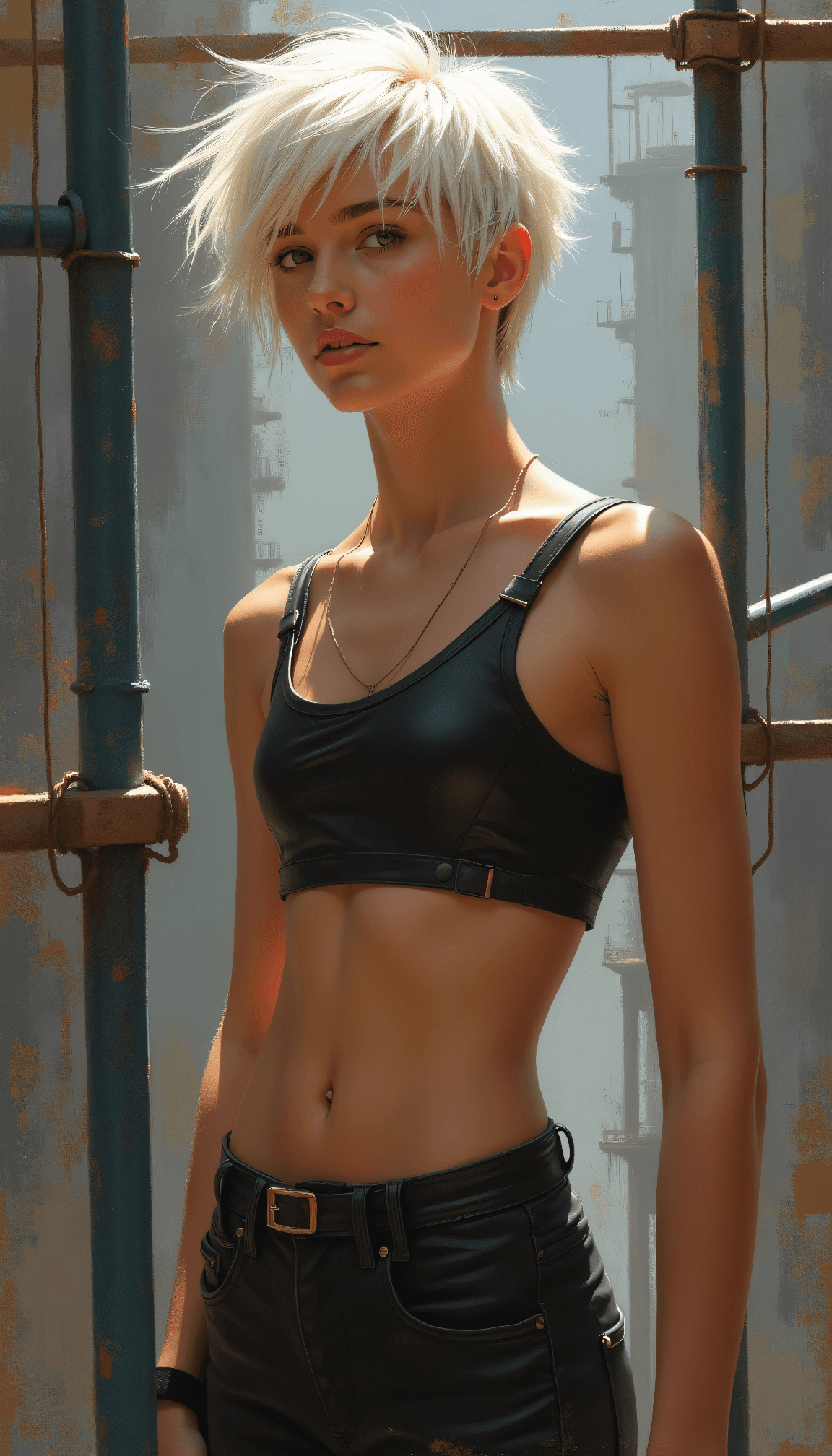 AI generated: art painting Athletic woman with short spiky white hair, leather crop top, utility pants, defined ab...