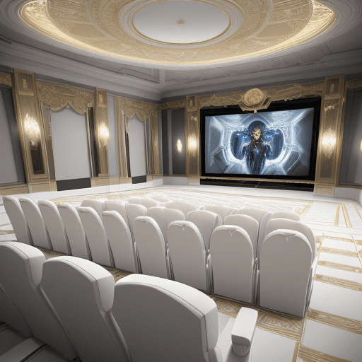 AI generated: 3d models all white, isometric cut-out, pretty and coquettish, futuristic high-end movie theater roo...