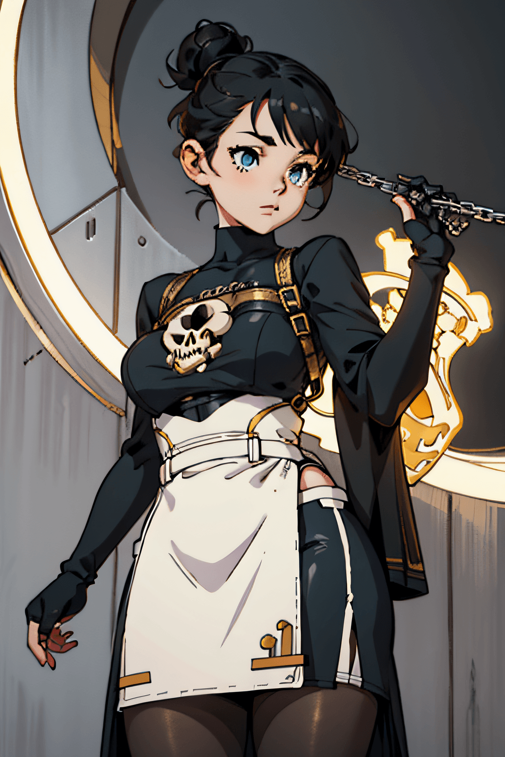 AI generated: girl, (skeleton:1.3), Modern,Idol Concert Background,Chubby,Busty,standing,Very Short Hair,Bun Hair,...