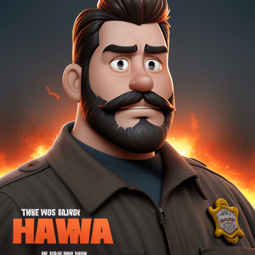 AI generated: Promotional poster for PIXAR of a firefighter, 50 years old, light tan with beard, good looking, wit...