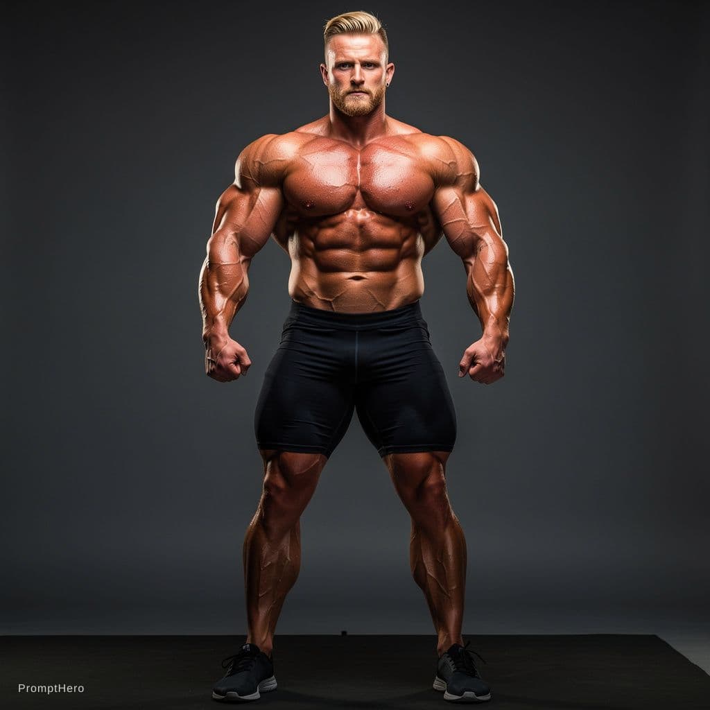 AI generated: high-resolution photo, full body portrait, muscular male bodybuilder, with huge chest muscles,  with...