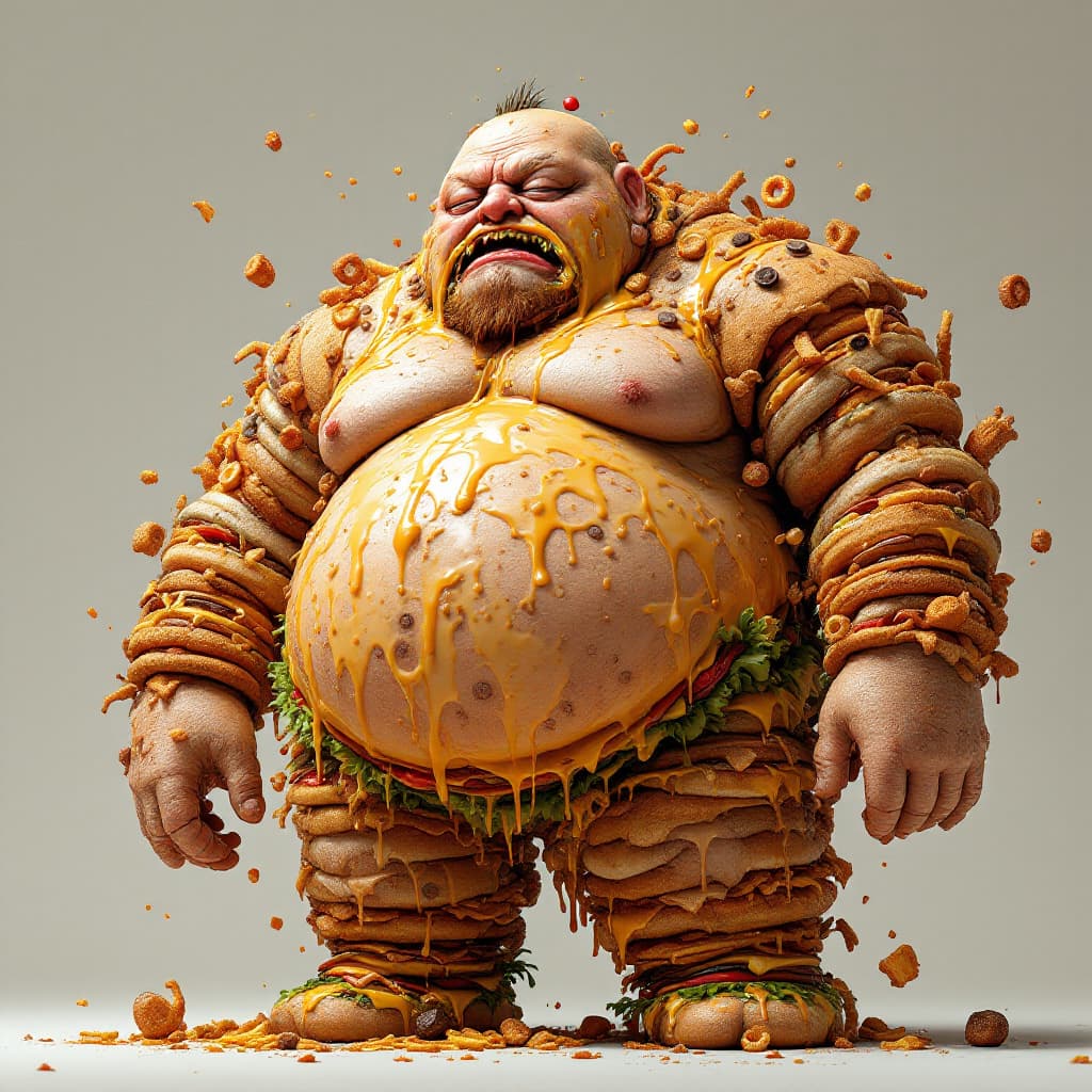 AI generated: A highly detailed, grotesquely overweight humanoid figure made entirely of processed junk food, capt...