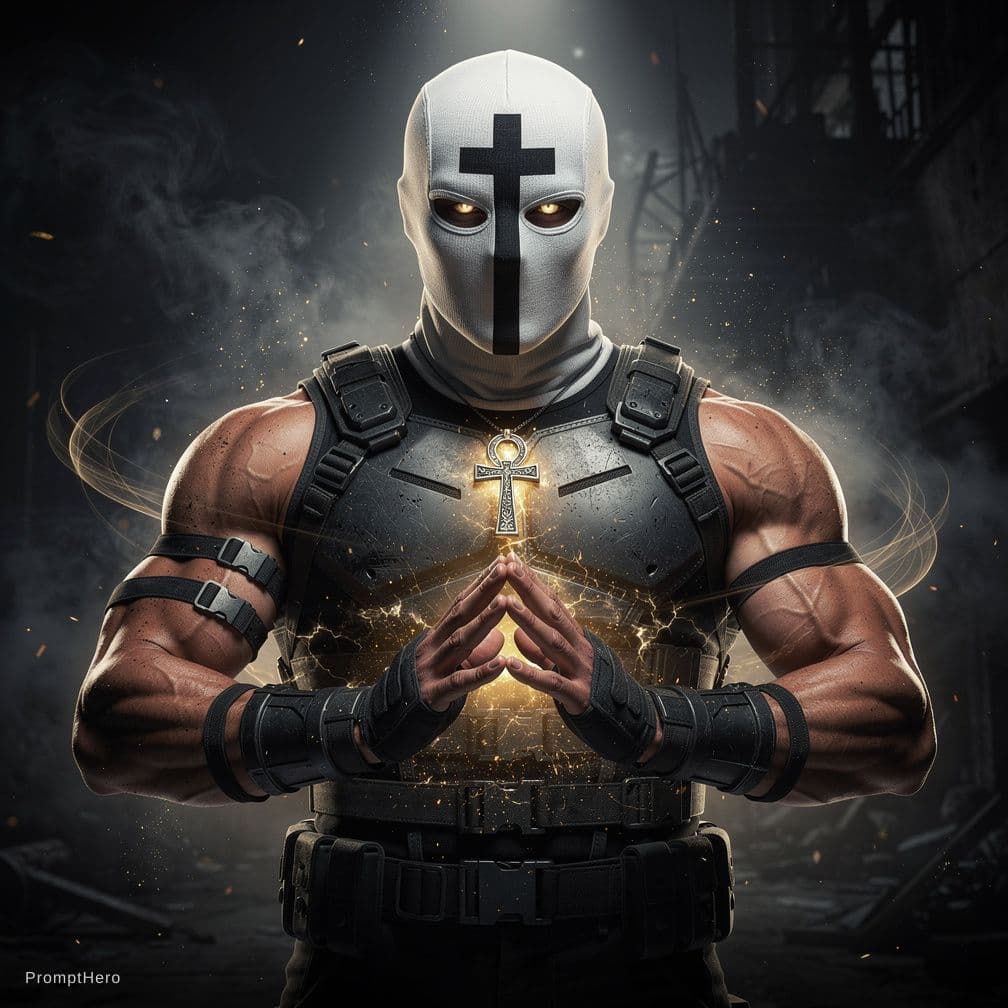 AI generated: A towering, battle-hardened anti-hero stands in a dramatic, shadow-filled cinematic scene. He wears ...