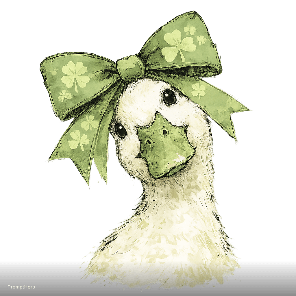 AI generated: trendy St Patrick's Day duck illustration, close portrait of an adorable duck tilting its head sligh...