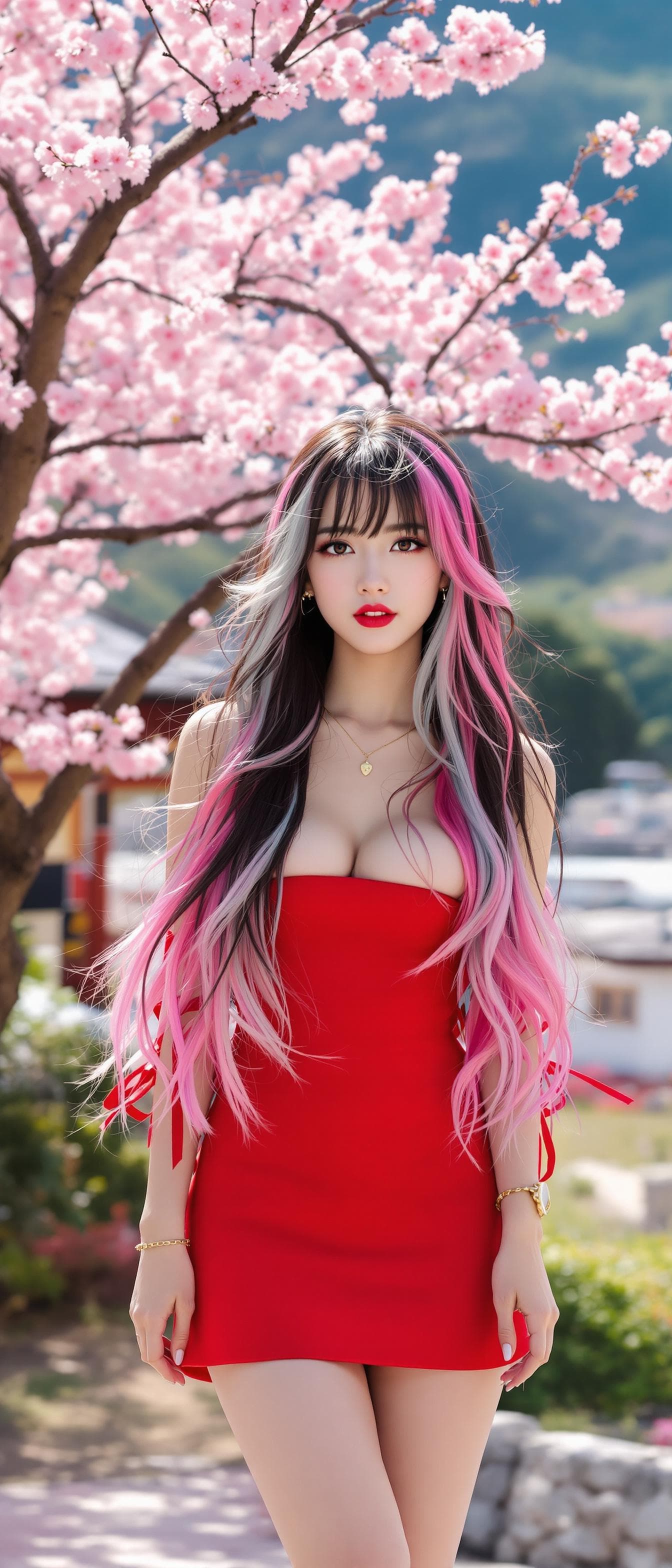 AI generated: A person, korean ulzzang face, japanese girl, long hair, bangs, multi color hair, wearing a red stra...