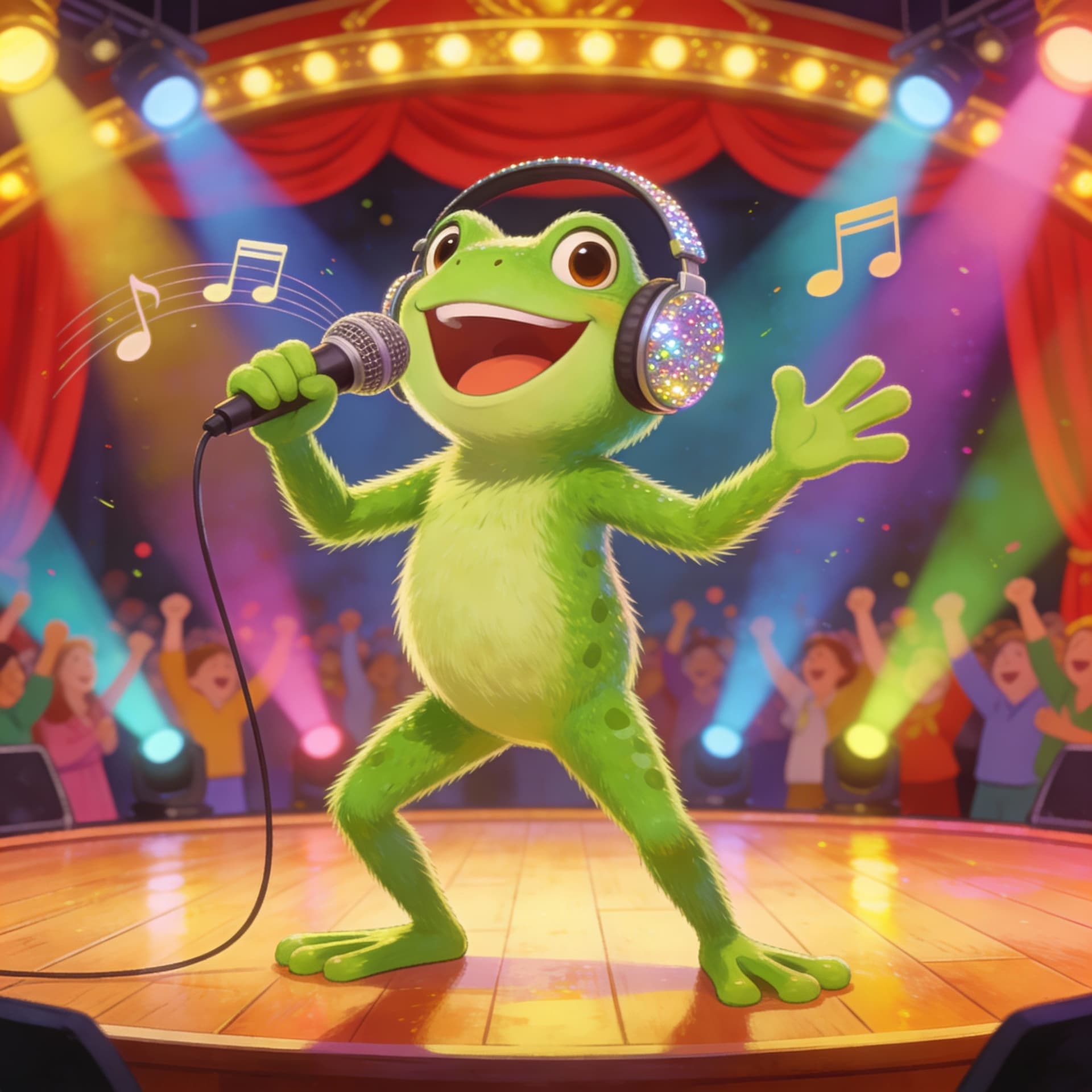 AI generated: talking frog singing on a big stage