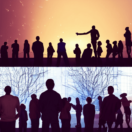 AI generated: photograph of 10 adults young and old, men and womens,  standing on a hospital roof, silhouetted by ...