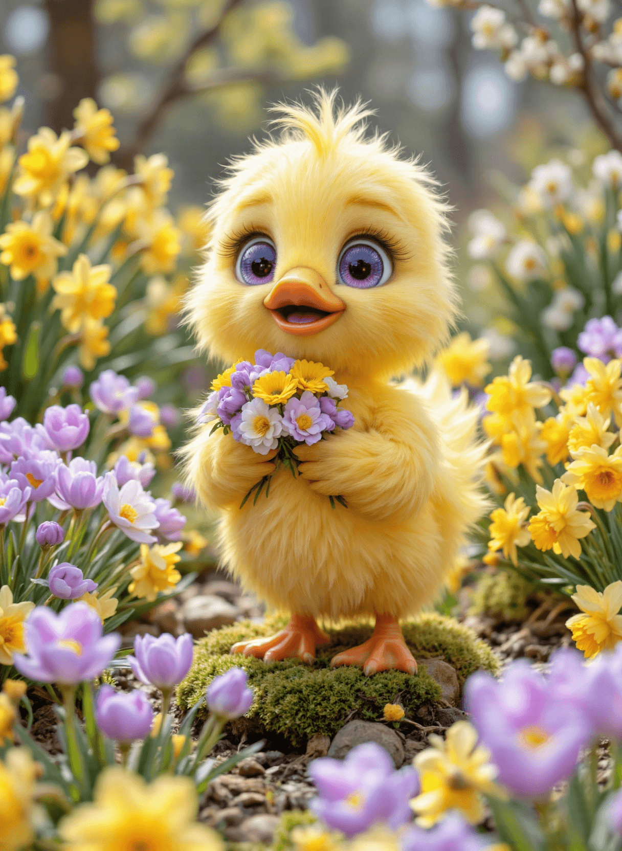 AI generated: The image depicts a cute, animated ((Pixar Style)) yellow duck standing in a field of flowers. The d...