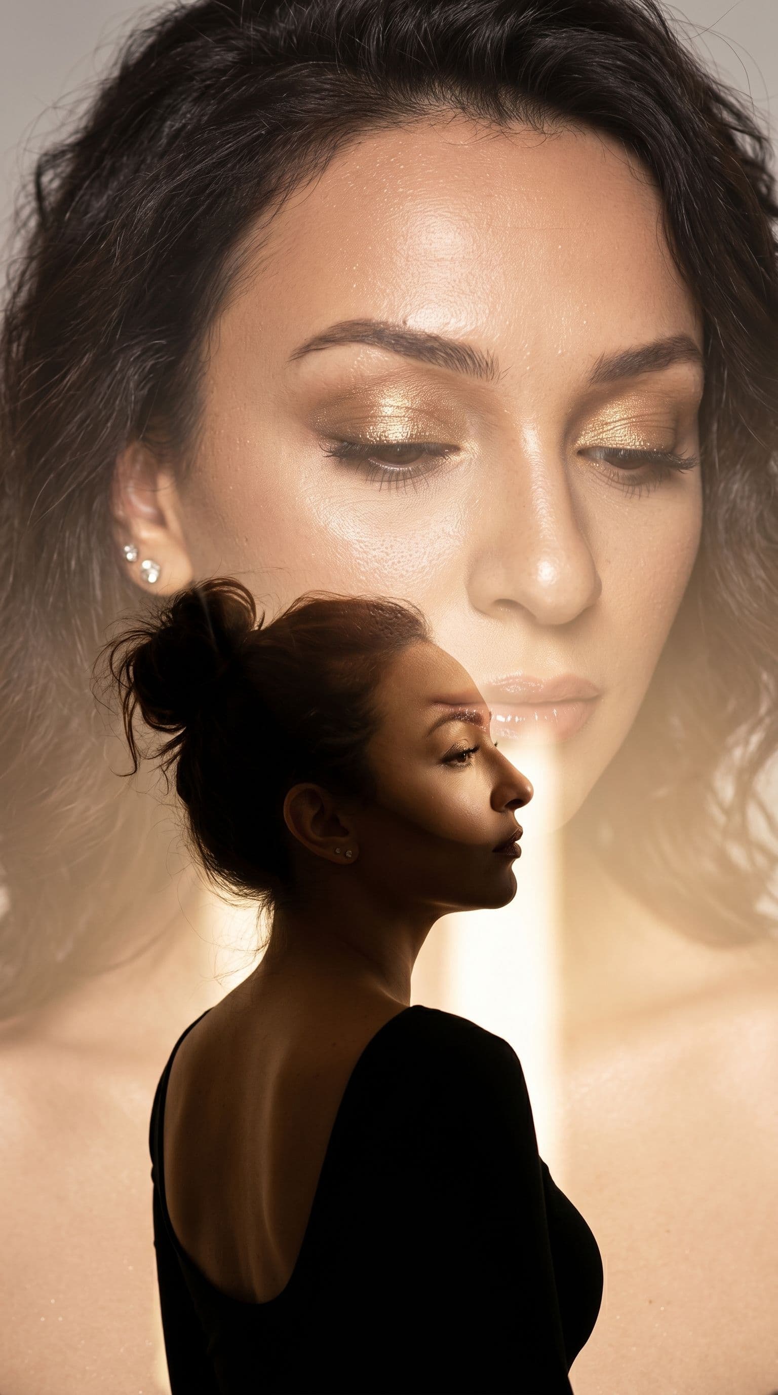 AI generated: {
  "subject_and_concept": {
    "subject": "Double exposure artistic portrait of a woman, featuring...