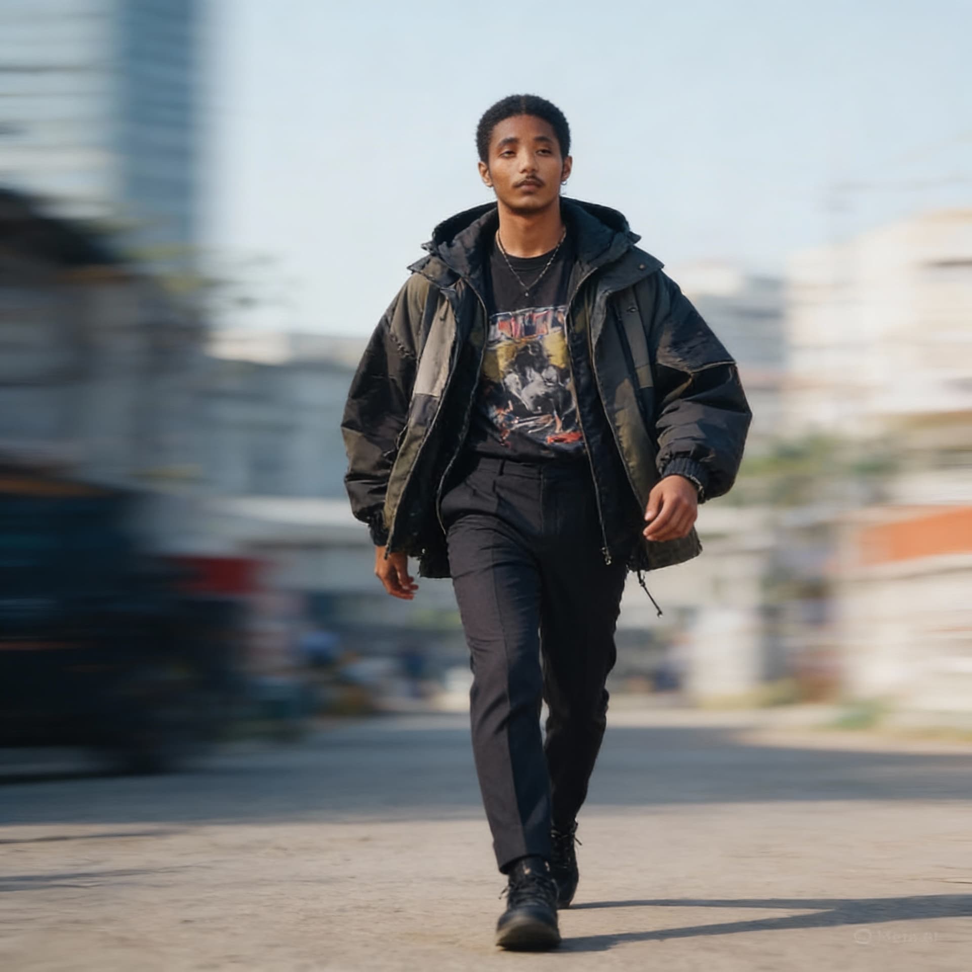 AI generated: Create a fashion image of a male model dressed in layered streetwear, including an oversized jacket,...