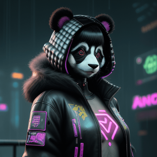 AI generated: digital artwork of anthromorphic panda female, fursona, furry fandom, neon rainy cyberpunk setting, ...