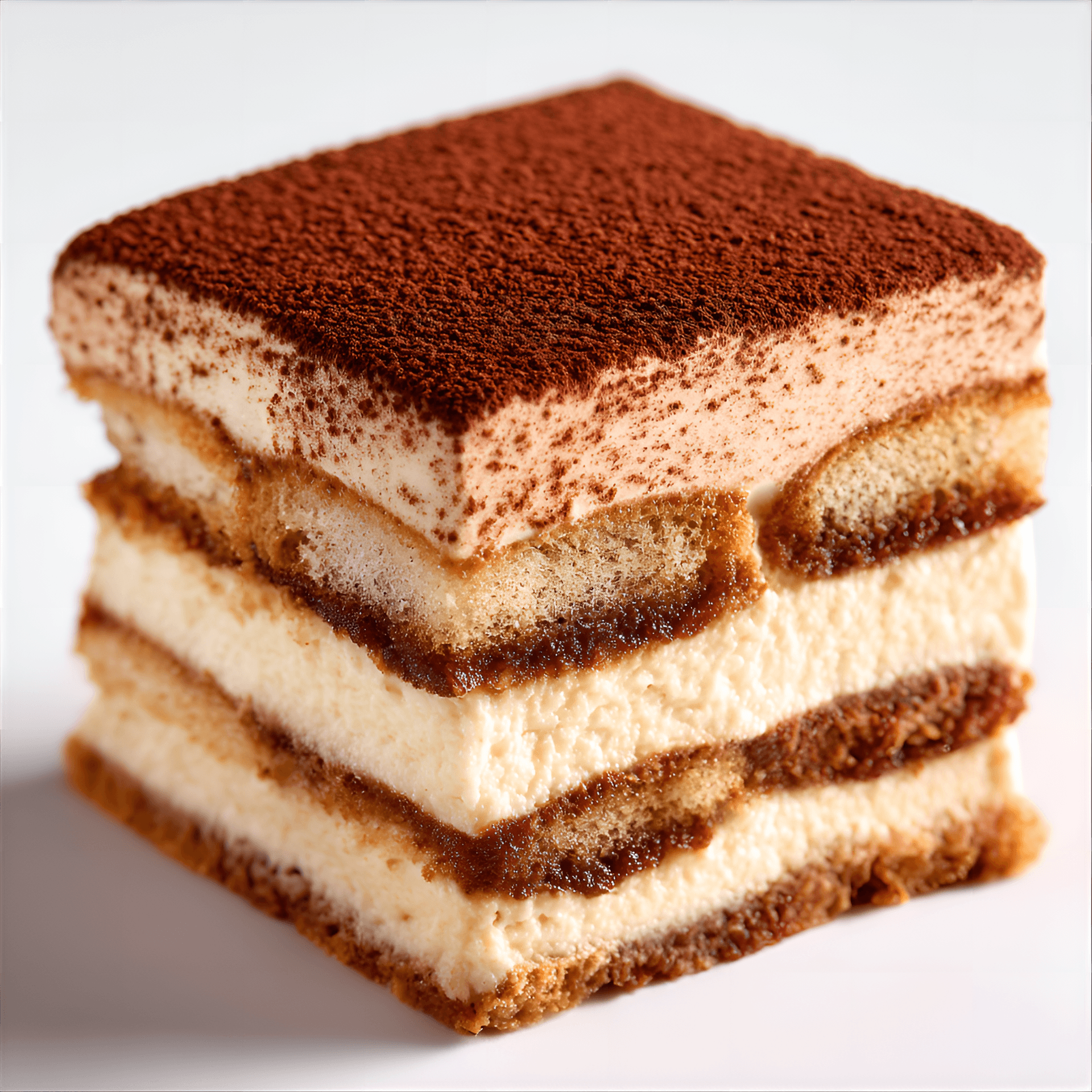 AI generated: square slice of tiramisu,  light beige/cream colored mascarpone filling between layers of ladyfinger...