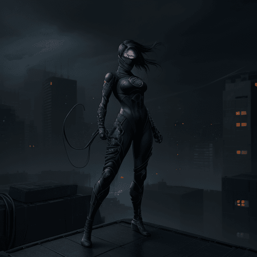 AI generated: Digital artwork, concept art, a female ninja with MEHDI Hero logo on her chest, standing on rooftop ...