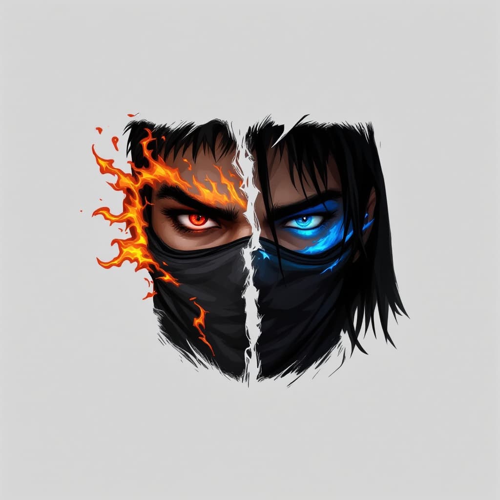 AI generated: 18 year old half Latino half Asian male Mortal Kombat ninja,  With One red Eye and one blue eye, wit...