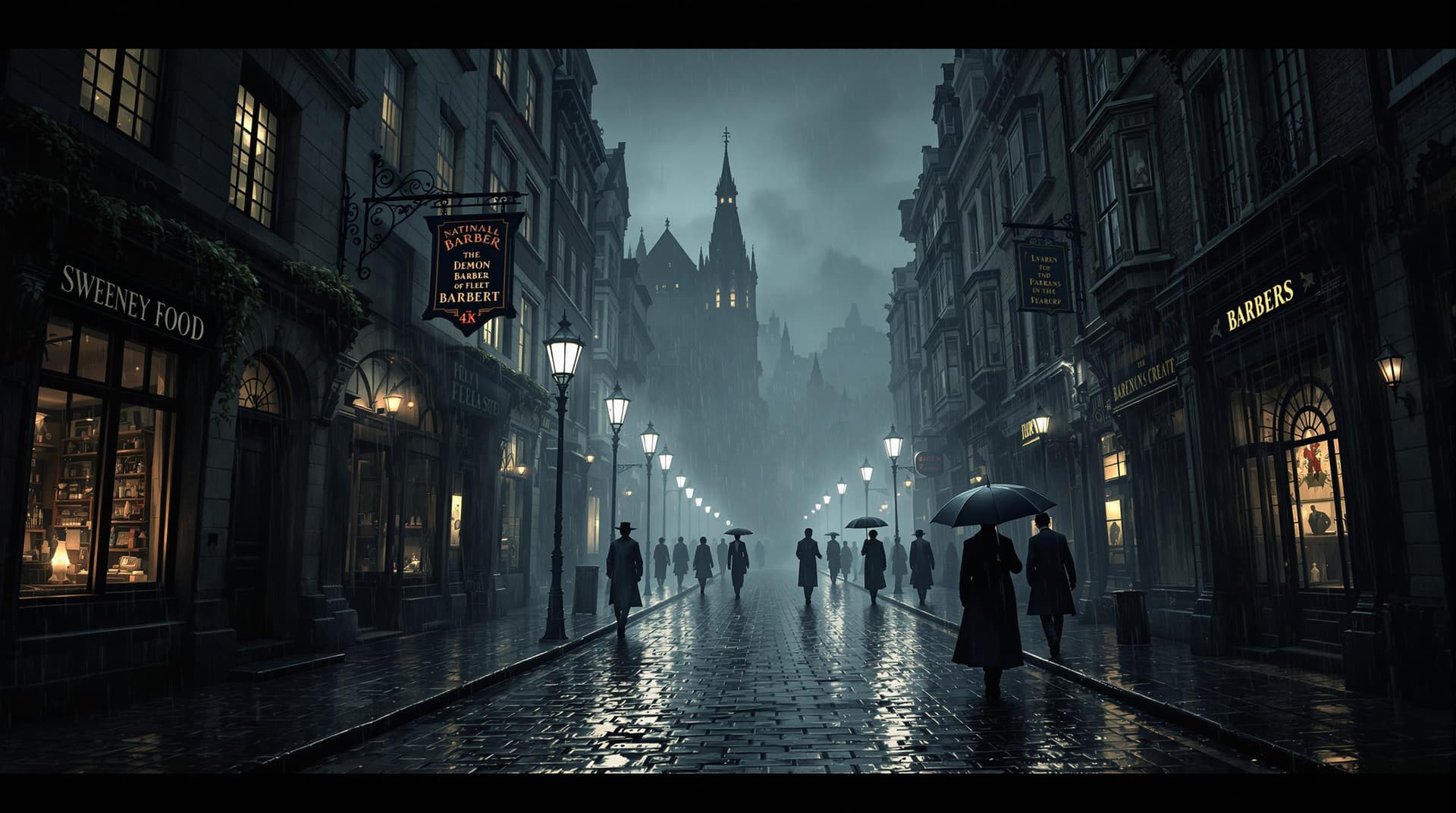 AI generated: 1960 European city inspired by the film 'Sweeney Todd: The Demon Barber of Fleet Street', dark gothi...