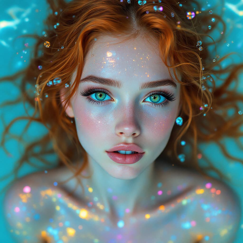 AI generated: A beautiful 
woman with big green eyes, long orange hair, is floating underwater. The water around h...