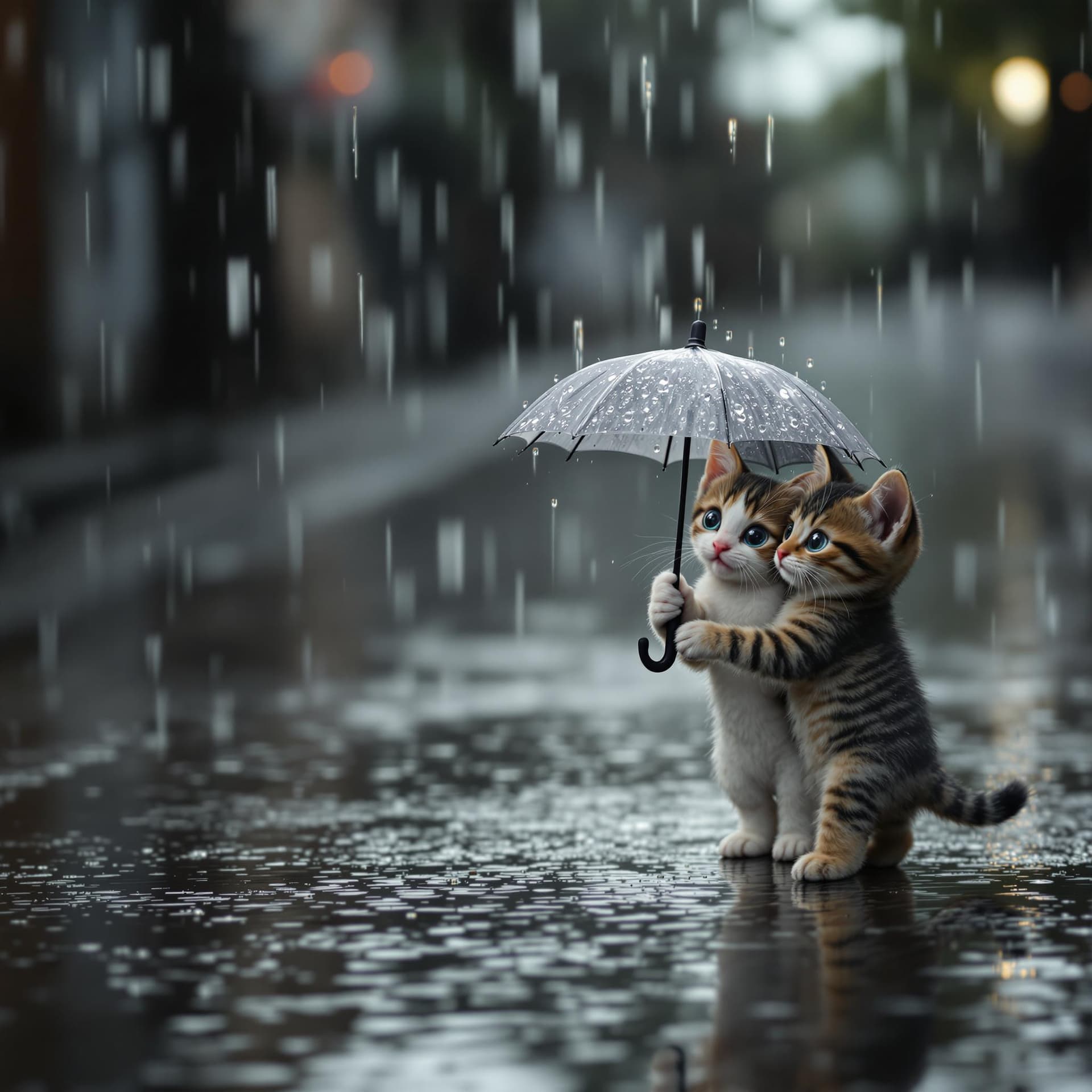 AI generated: A small, black-and-white spotted kitten walks alone in the rain, its fragile body drenched as water ...