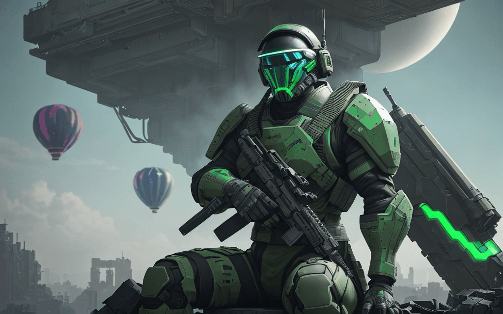AI generated: brutal man warrior stands and holding a M41A Pulse Rifle in his hands, after the battle,sitting on t...