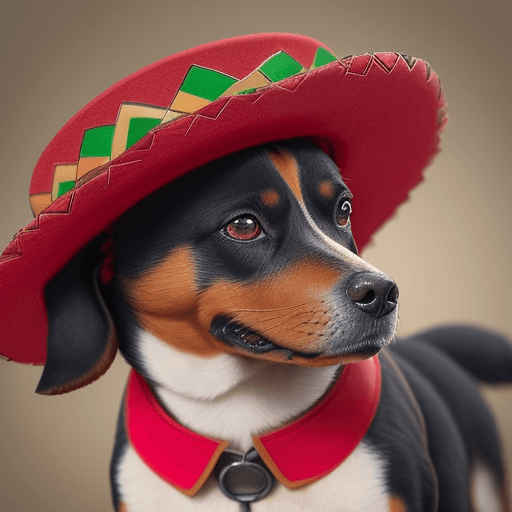 AI generated: perro rojo con sombrero mexicano,ojos amarillos,de gran pelaje.de impactante belleza