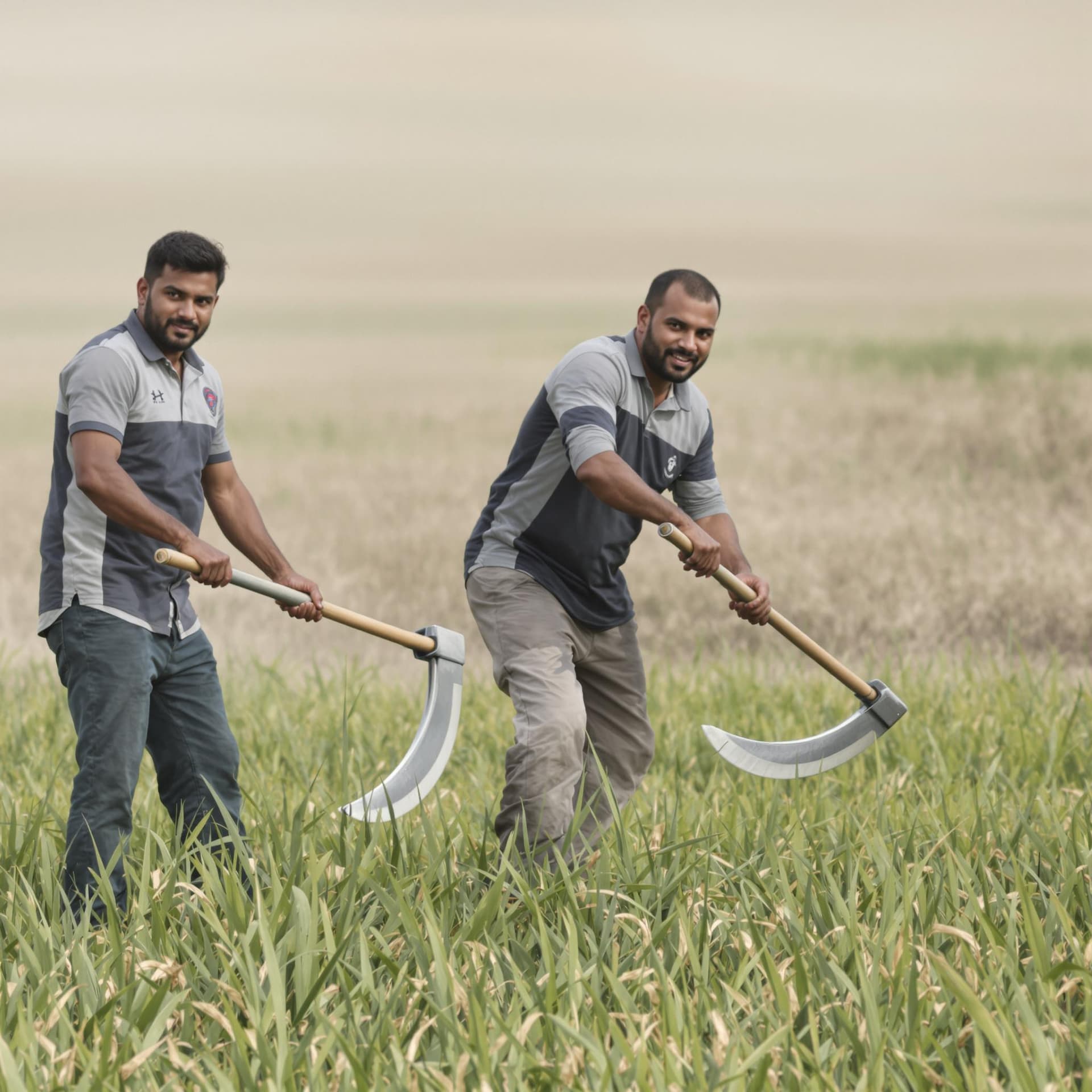 AI generated: In the photo, two men are mowing grass in a field with hand scythes and looking at the camera.