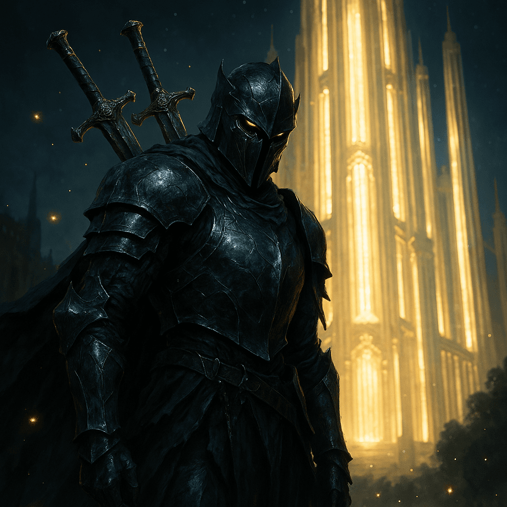 AI generated: A hyper-realistic portrait of a knight clad in golden-obsidian armor, carrying two swords resting on...