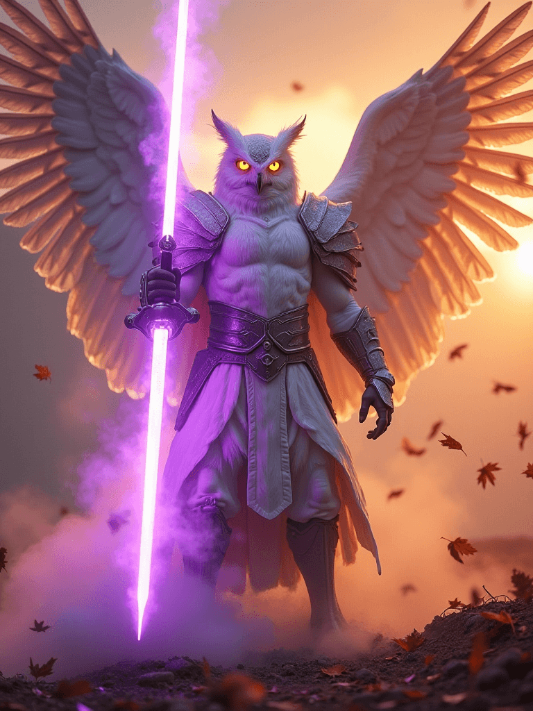 AI generated: (masterpiece, ultra-detailed,, a majestic owl-man warrior stands in an epic hero pose, holding a glo...