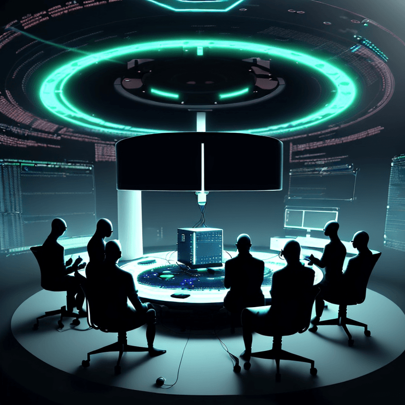 AI generated: A lot of computer scientists in circle, performing what seems to be a deep ritual in order to run a ...