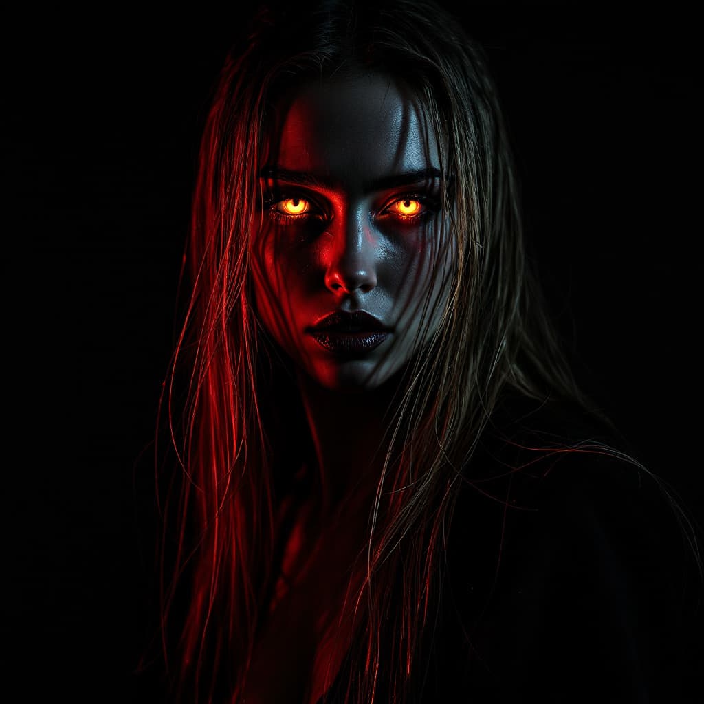 AI generated: female warlock,string art, black background, long golden thin hair, staring into your soul,surrealis...