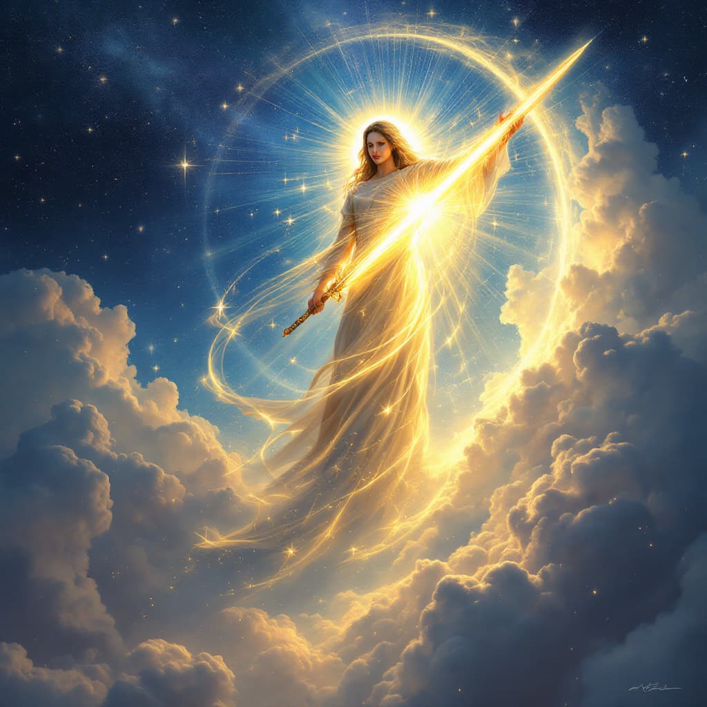 AI generated: Uma cena celestial de uma figura divina com luz dourada e uma aura de proteção, envolvendo um indiví...