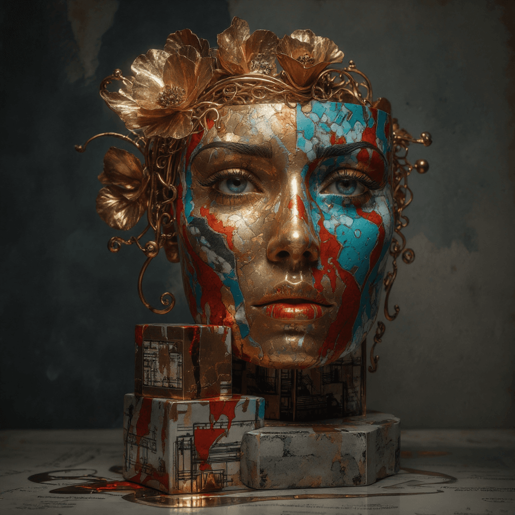 AI generated: "Where the Blossom Meets the Asphalt" An exquisitely crafted abstract sculpture gleams with vibrant ...