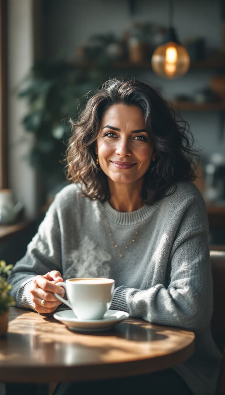 AI generated: GozdeSeker, a 55 years old woman with chocolate skin and dark, wavy hair, sits in a cozy coffee shop...