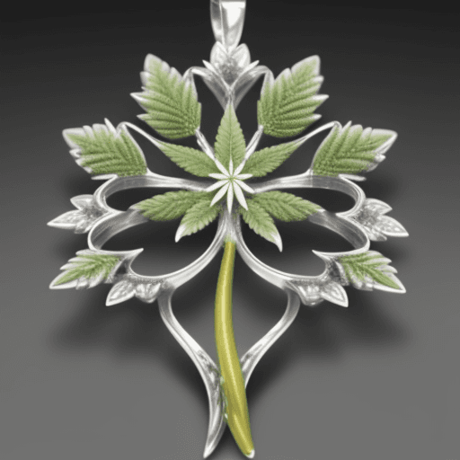 AI generated: Envision a striking sterling silver pendant meticulously designed to resemble a cannabis plant, capt...