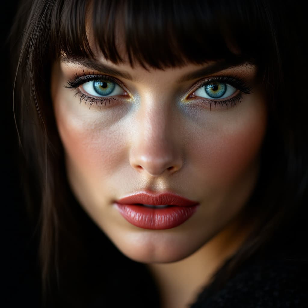 AI generated: Very close-up color front portrait of Linda Evangelista
