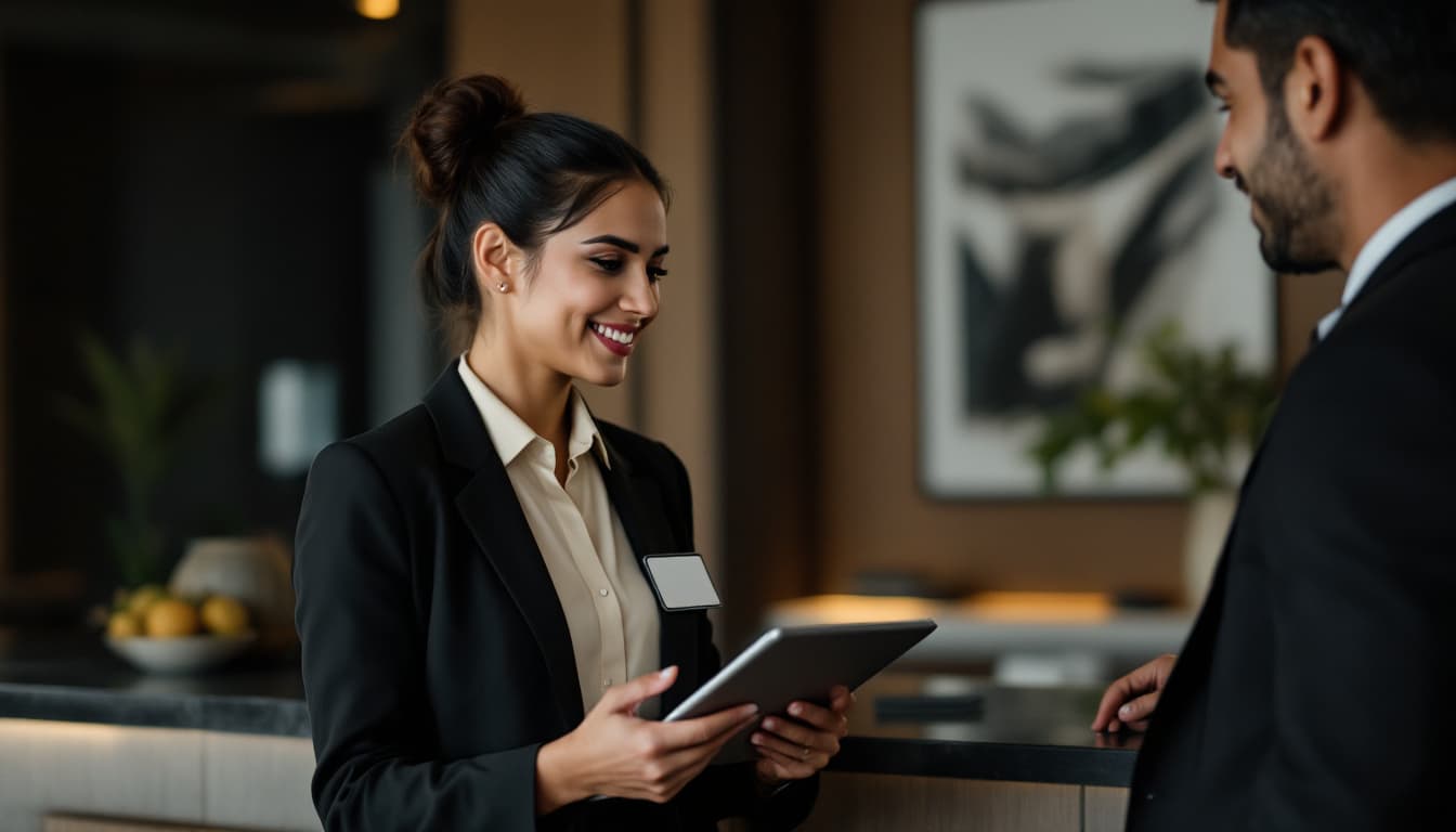 AI generated: a indian professional interaction between a female employee and a male client or visitor in what app...