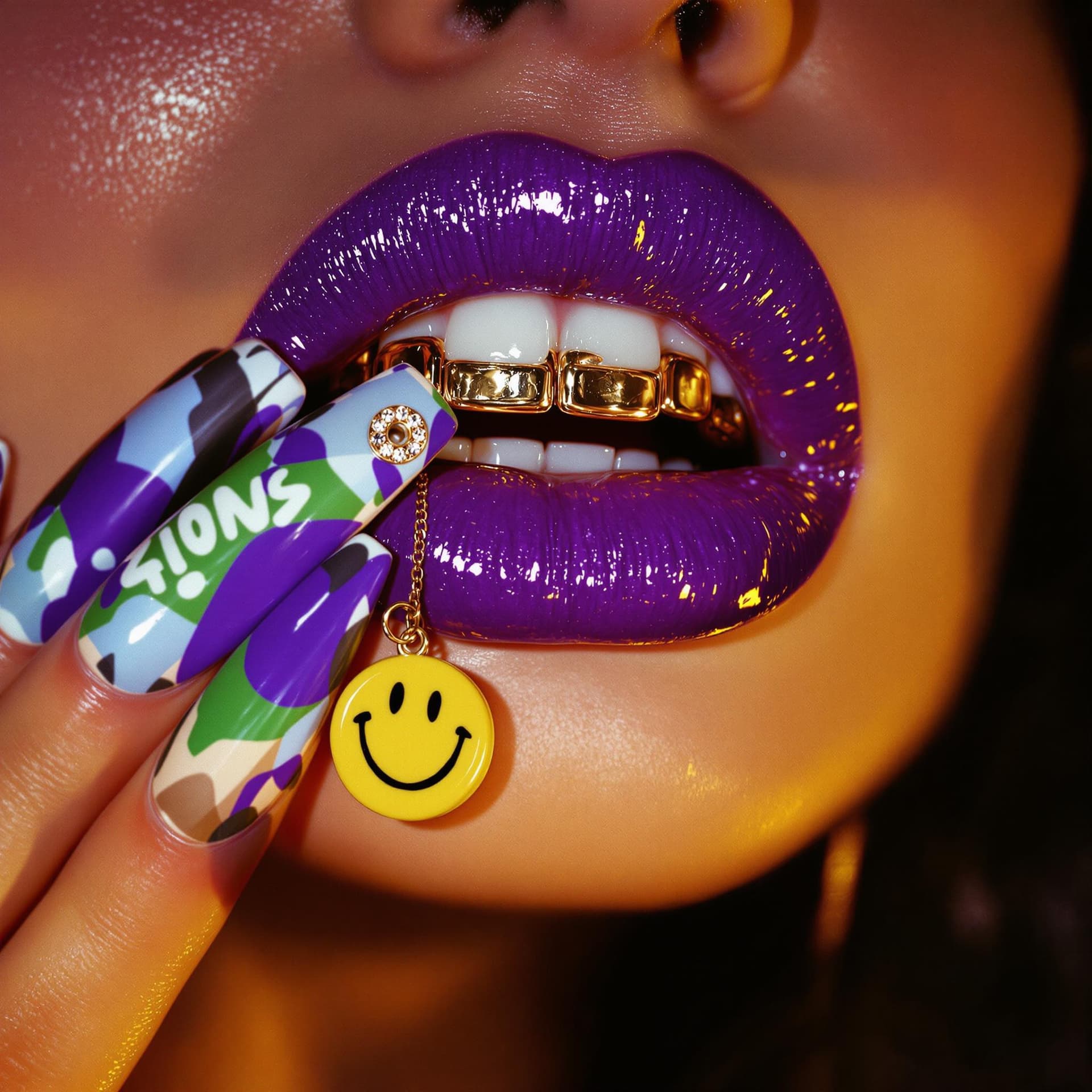 AI generated: close-up photograph of glossy purple, full lips slightly parted and twisted, revealing teeth with a ...