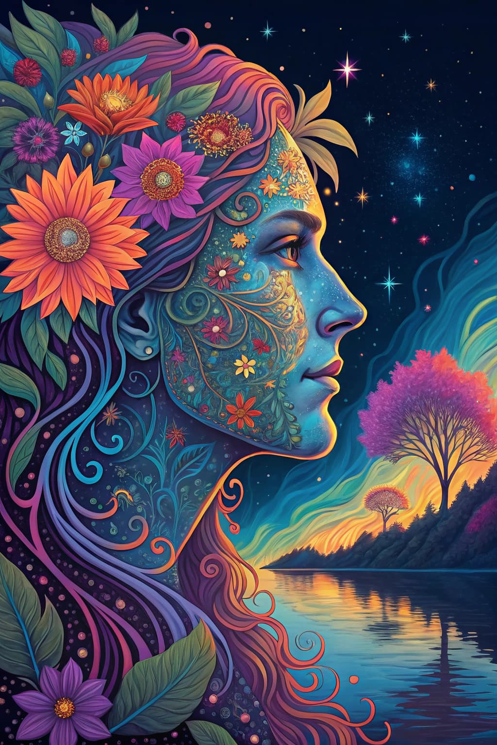 AI generated: a surreal, psychedelic portrait inspired by Alphonse Mucha and Peter Max. The image features a profi...
